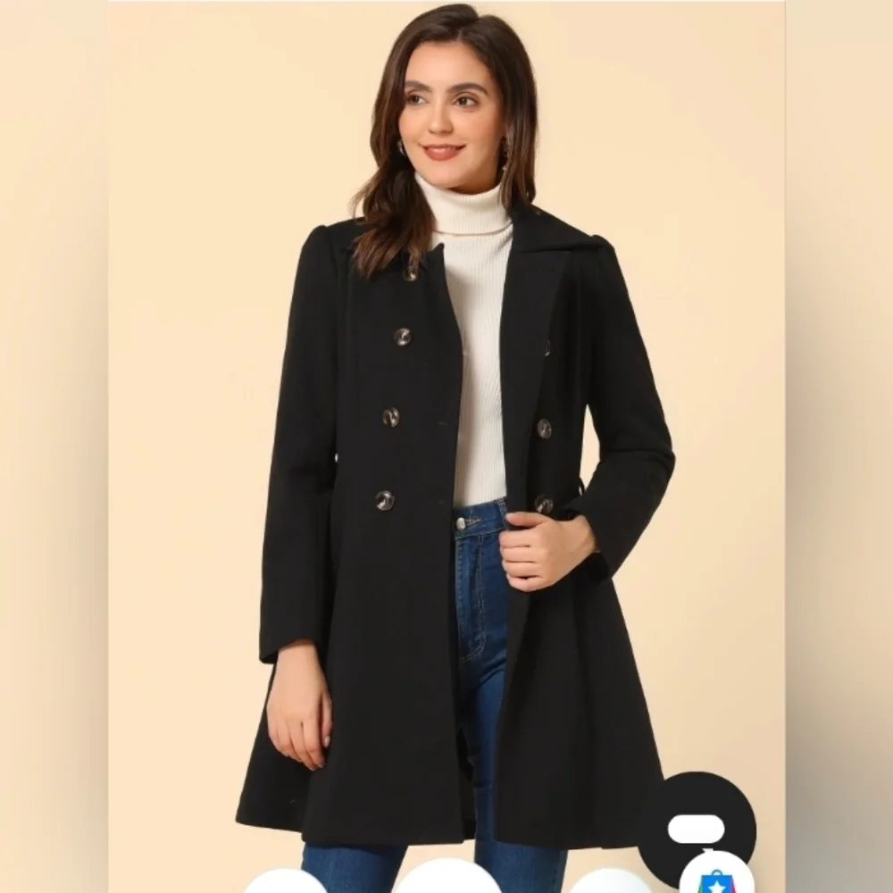 Allegra K Winter Long Lapel Collar Contrast Double Breast Coat